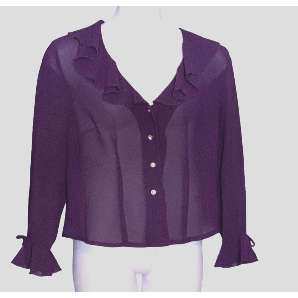 Vintage Jessica Howard Blouse Sz 18 Purple Sheer Ruffle VNeck Rhinestone Buttons